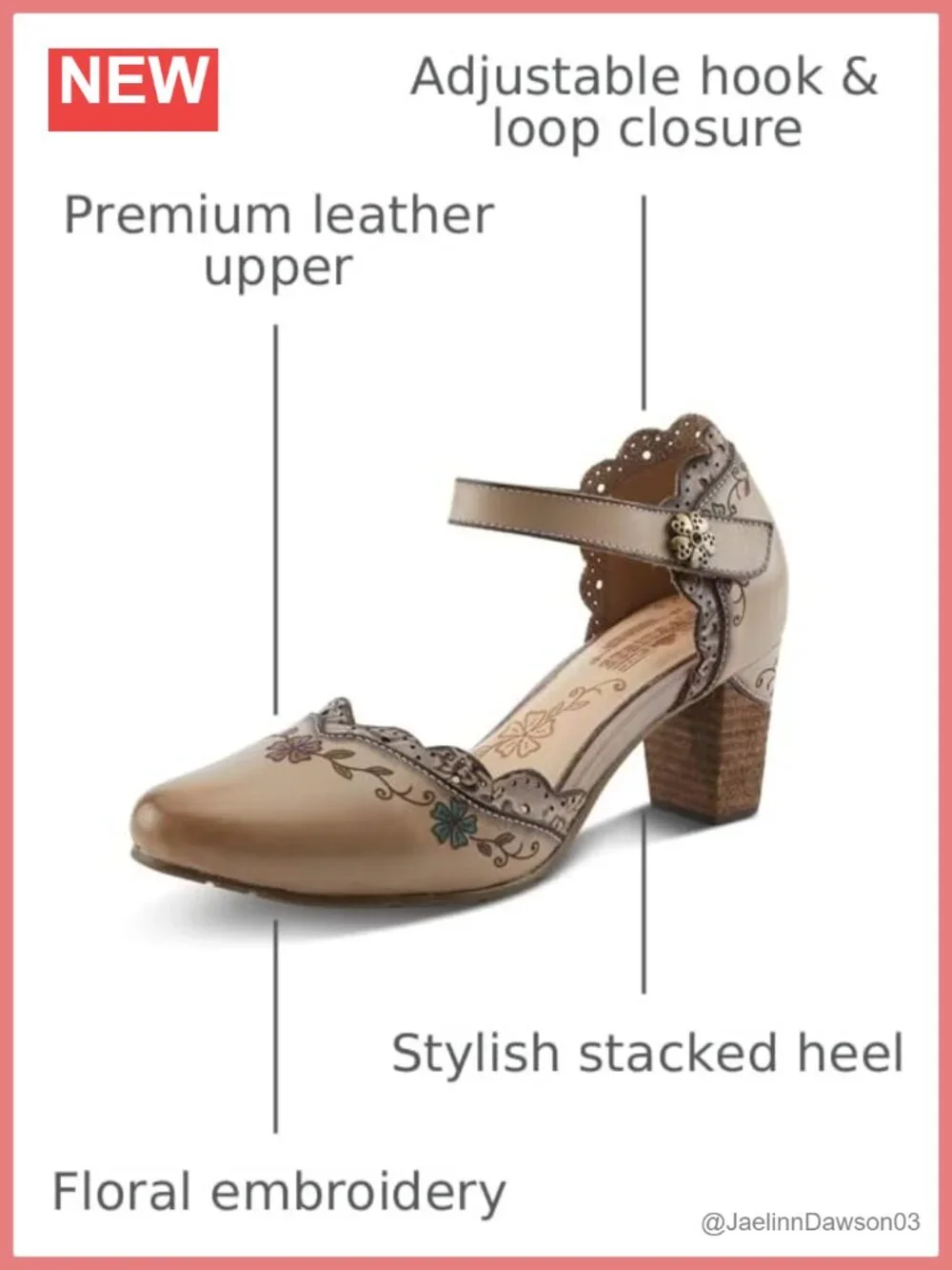 Women's Leather Embroidered Pumps Kitten Heel Hook & Loop Almond Toe